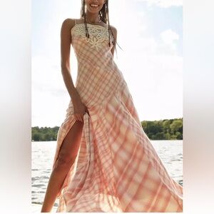 Free People Piper Plaid Maxi Dress Crochet Detail Tiered Hemline Blush Ivory